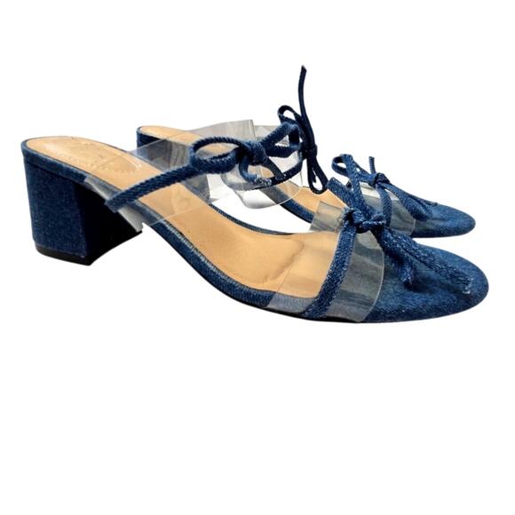 Denim Block Heel Sandals Size 8M Strappy Bow Slide Heels Blue Open Toe Y2K - Picture 1 of 7
